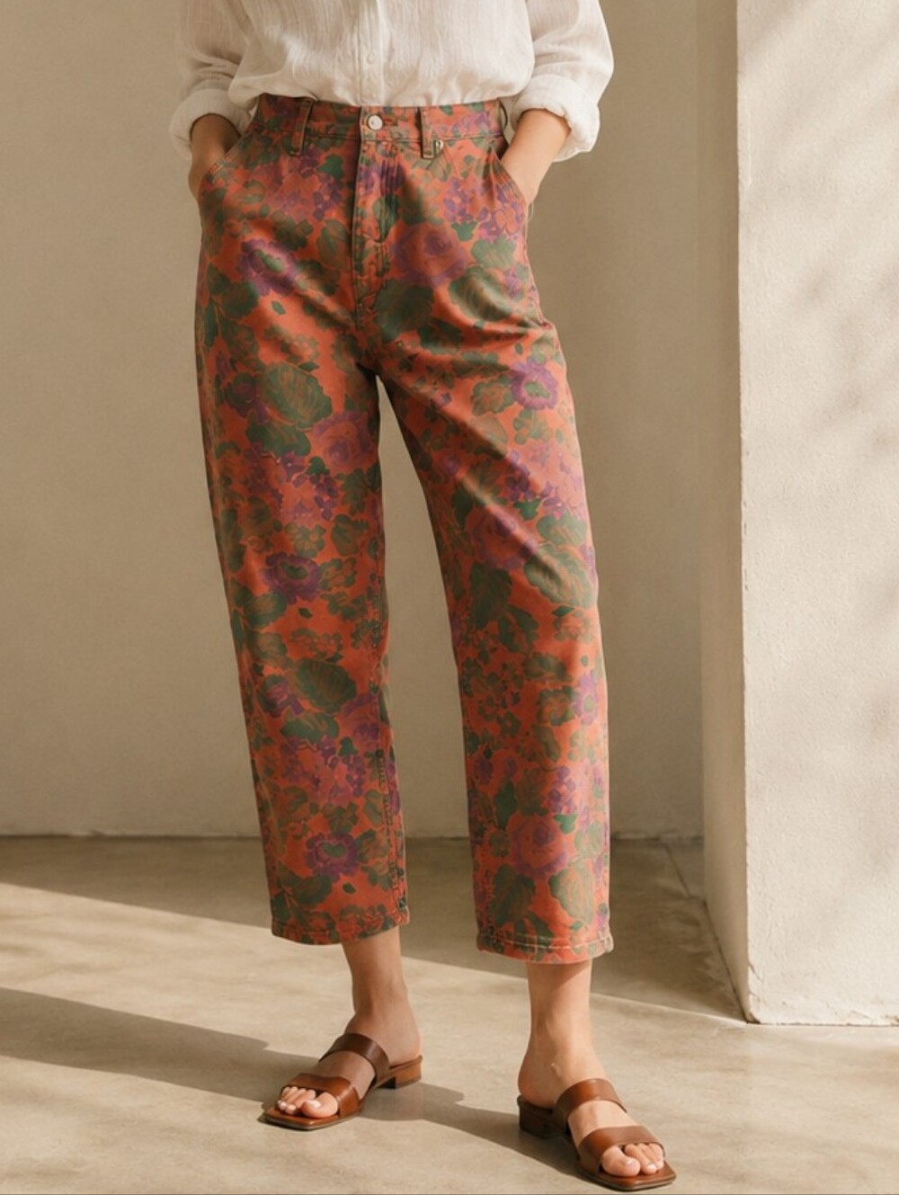 Vintage Floral Cropped Straight leg Pants